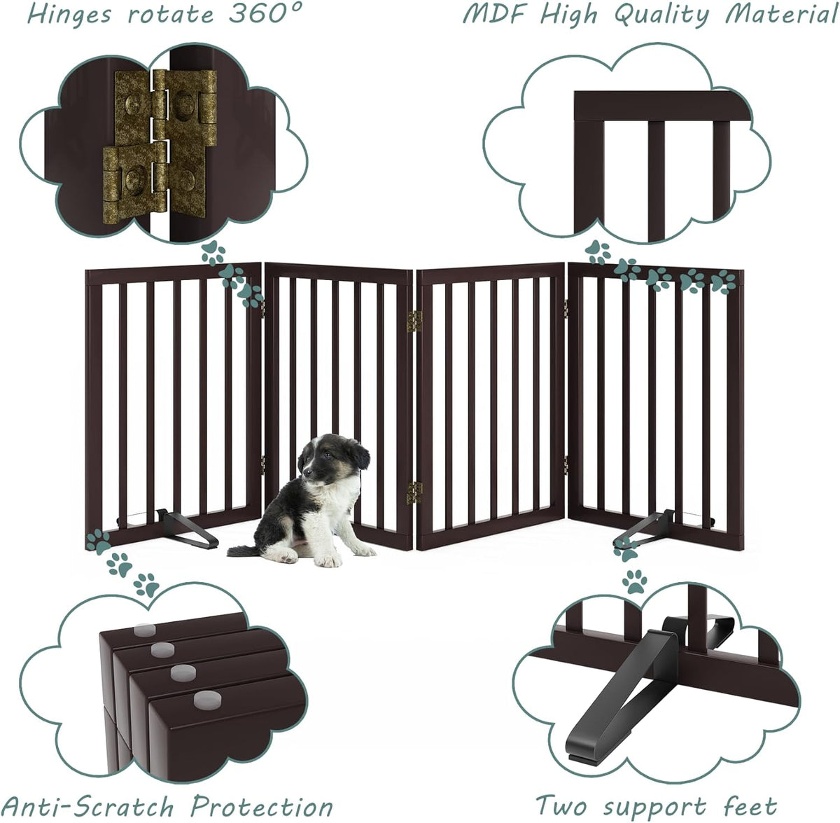 Wooden Dog Gate Freestanding Foldable 4 Panel Pet Gates Extra Wide Dog Gates for Indoor Doorways