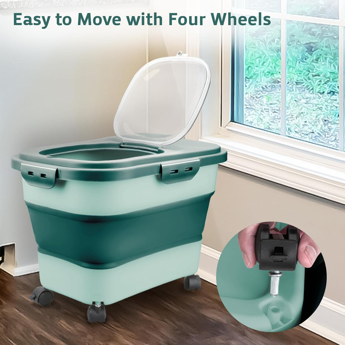 Rice Storage Containers, Collapsible 20 to 30Lbs Food Storage Bin Dispenser with Rolling Wheel and