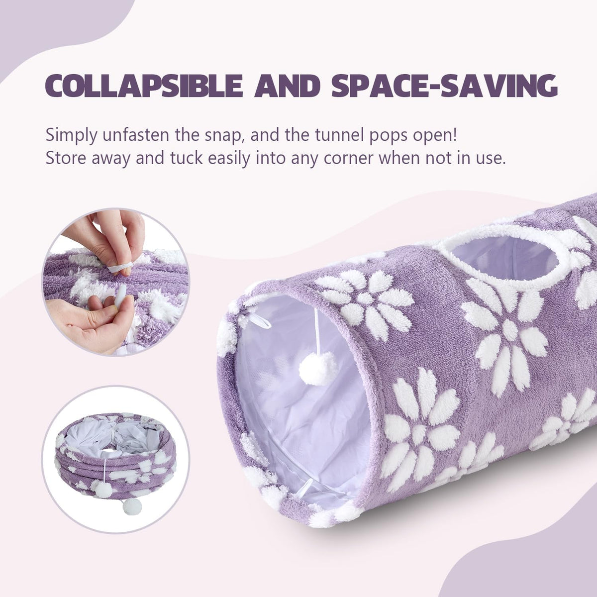 Straight Cat Tunnel for Indoor Cats 47"x12", Cute Cat Toys Collapsible Tunnel Tube with Balls for