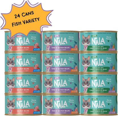 LOVE, NALA - FLAKED Fish Variety Pack - 24 Pack - Natural Adult Cat Wet Food - Grain Free, Non-GMO