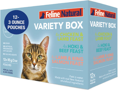 Feline Natural Wet Cat Food Variety Pack - Chicken, Lamb, Salmon & Beef Feast, Grain-Free, 3oz