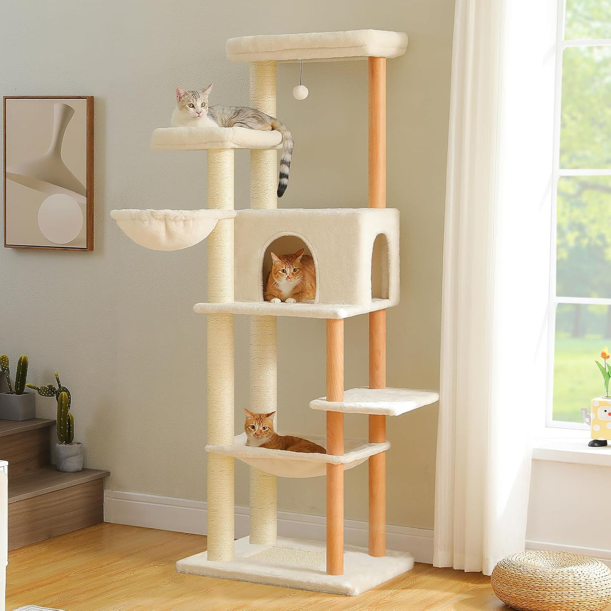 PAWZ Road Large Cat Tree, 73 Inches Tall Wooden Cat Tower with 2 Spacious Hammocks,2 Big Top Beds,8