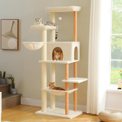 PAWZ Road Large Cat Tree, 73 Inches Tall Wooden Cat Tower with 2 Spacious Hammocks,2 Big Top Beds,8