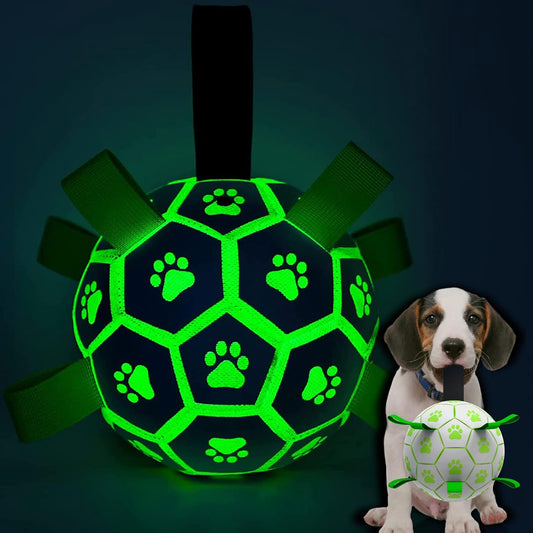 QDAN Glow in The Dark Dog Toys Soccer Ball with Straps, Outdoor Interactive Dog Toys Puppy Birthday