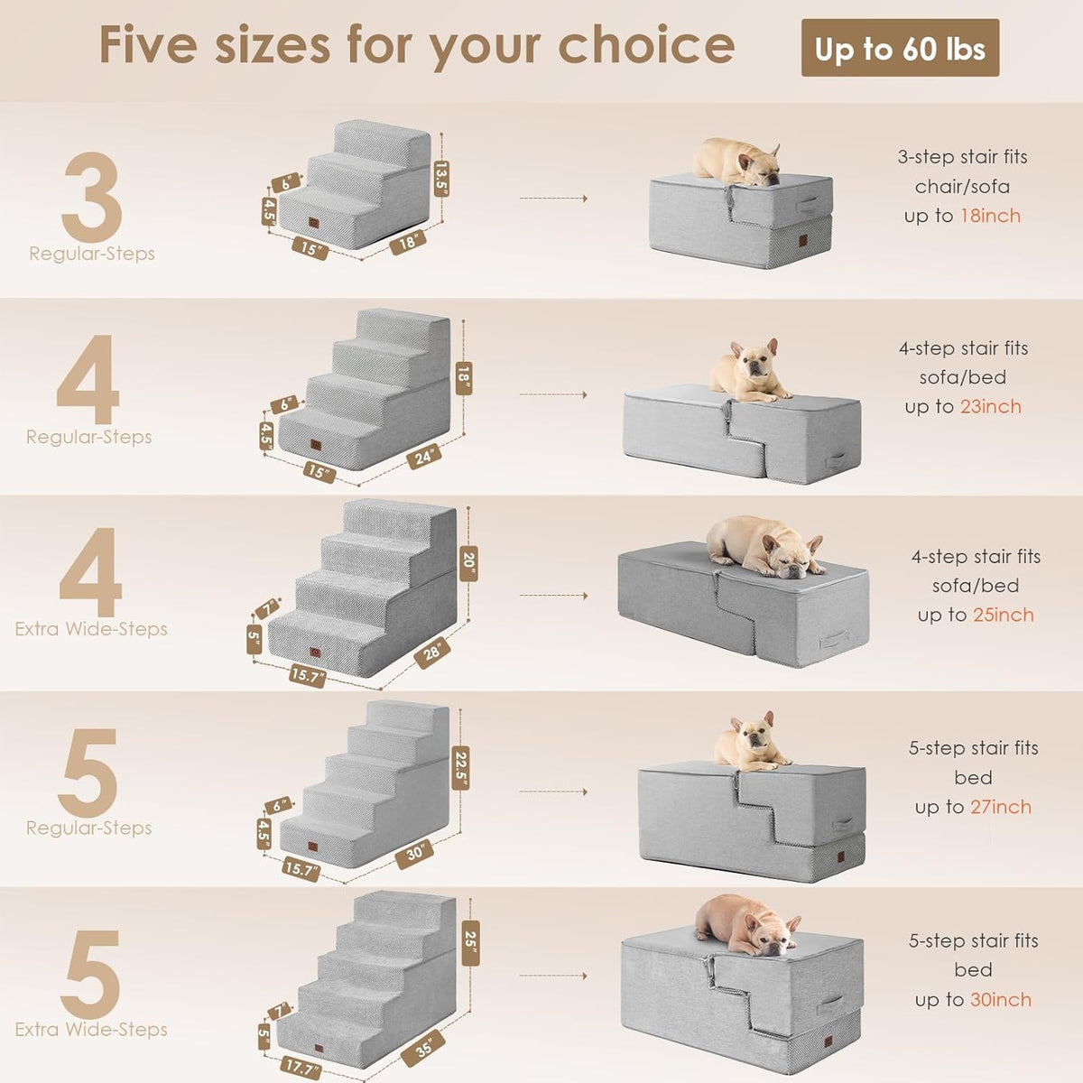 EHEYCIGA Dog Stairs for High Bed 25" H, 5-Step Extra Wide Dog Steps for Bed, Pet Steps for Small