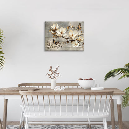 Floral Magnolia Bathroom Pictures Wall Art, Just Breathe Bathroom Wall Decor, Flower Butterfly