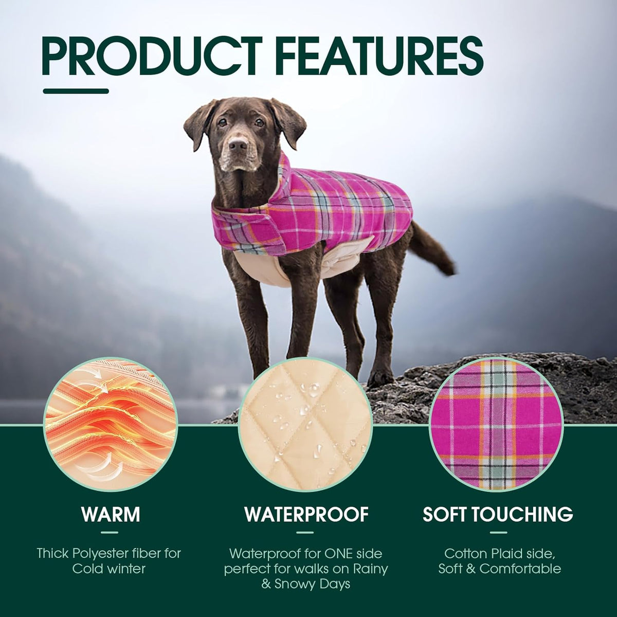 Kuoser Waterproof Dog Coat, Reversible Dog Jacket for Large Dogs, Adjustable Durable Doggie Winter