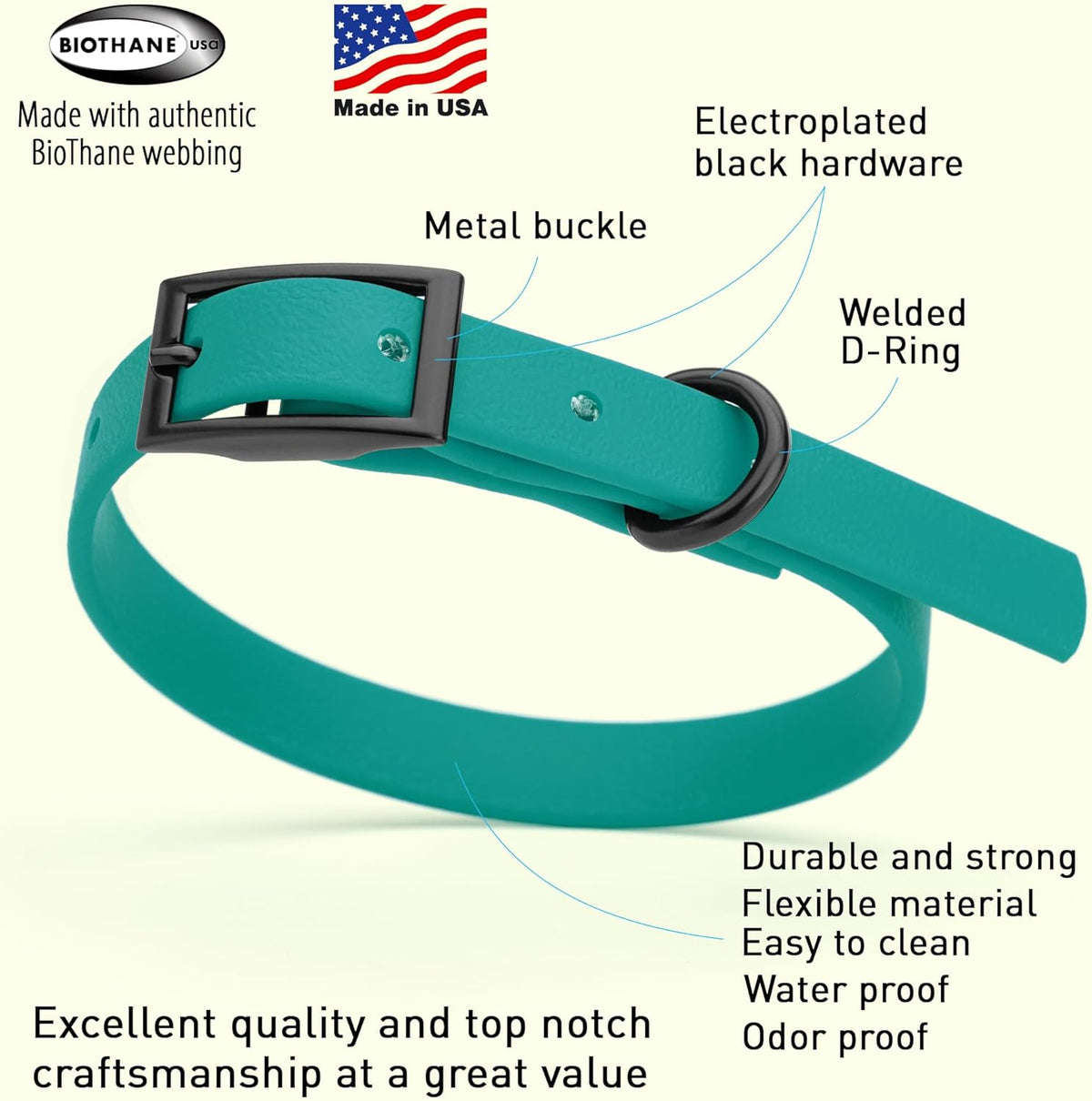 Dogline Biothane Waterproof Dog Collar Strong Coated Nylon Webbing with Black Hardware Odor- Proof