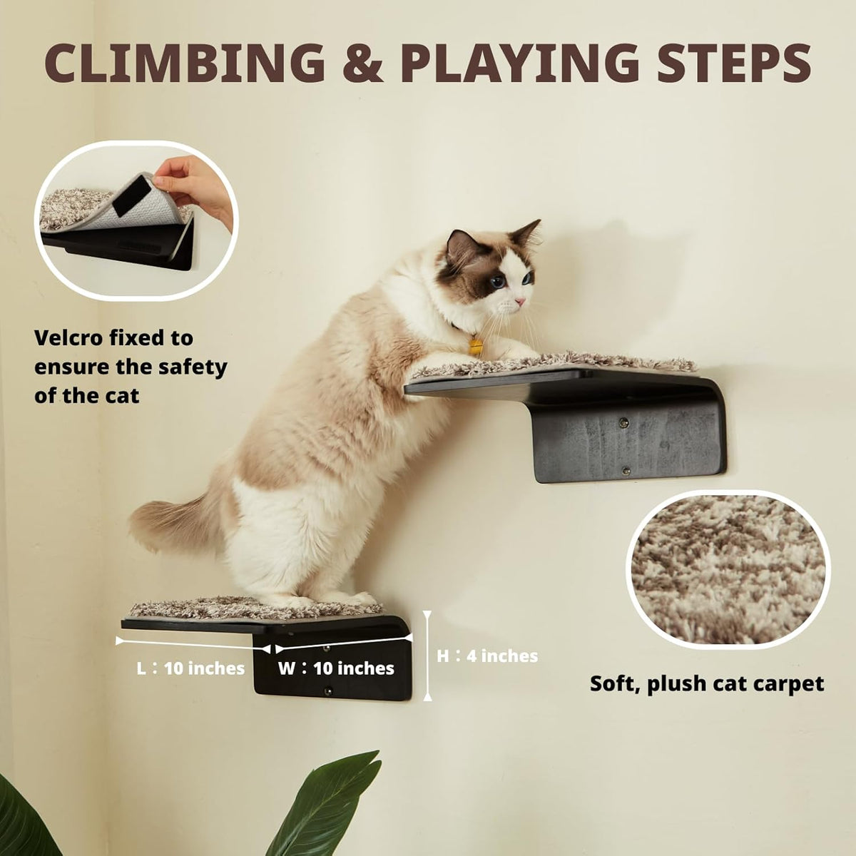 2 Set Cat Wall Steps - Wooden Cat Climbing Shelf for Wall - Cats Wall Stairs with Scratching Mat