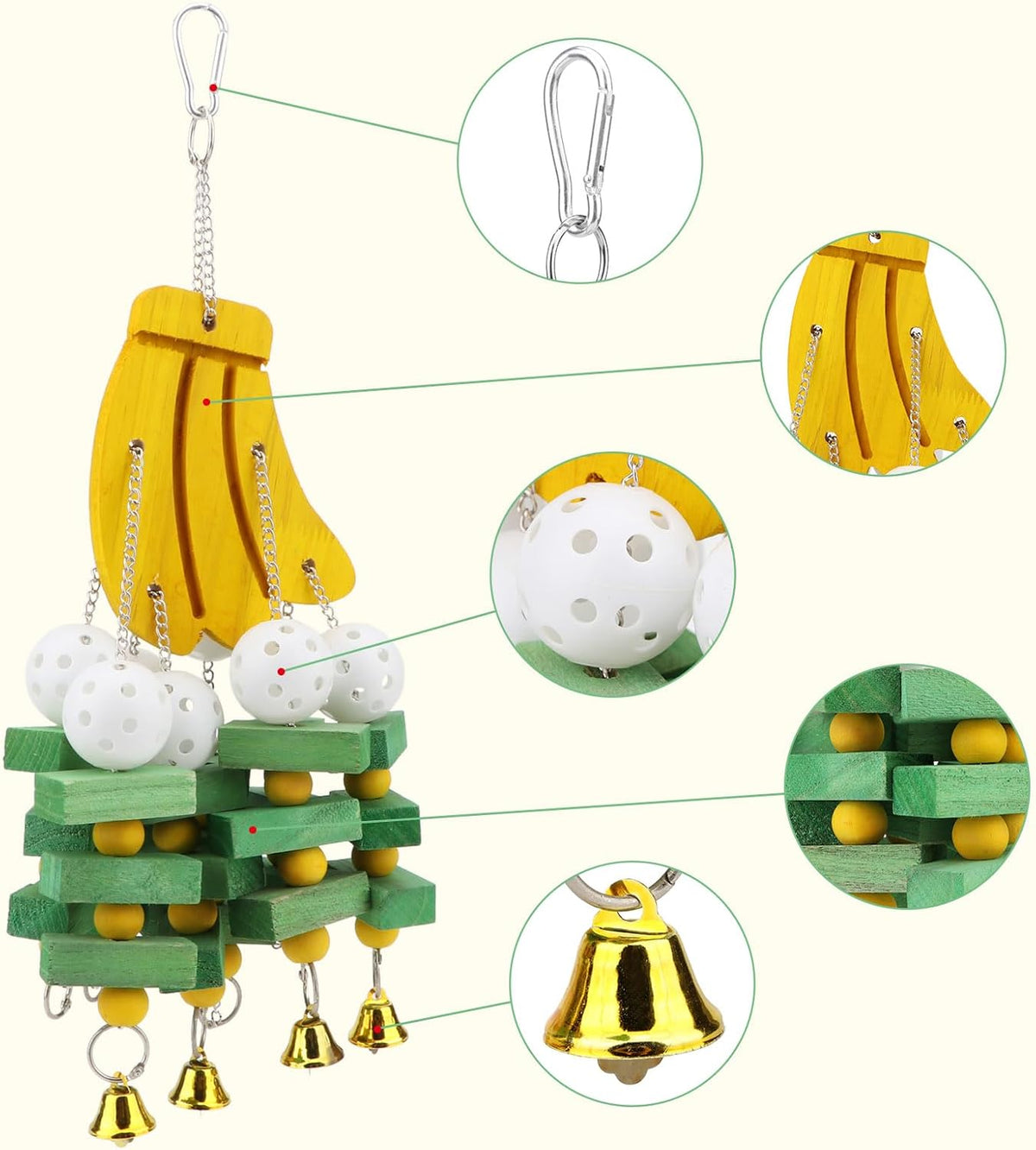 Hypeety Large Parrot Hanging Swing Toy Bells Chew Toy Colorful Hanging Wood Block Parrot Macaw