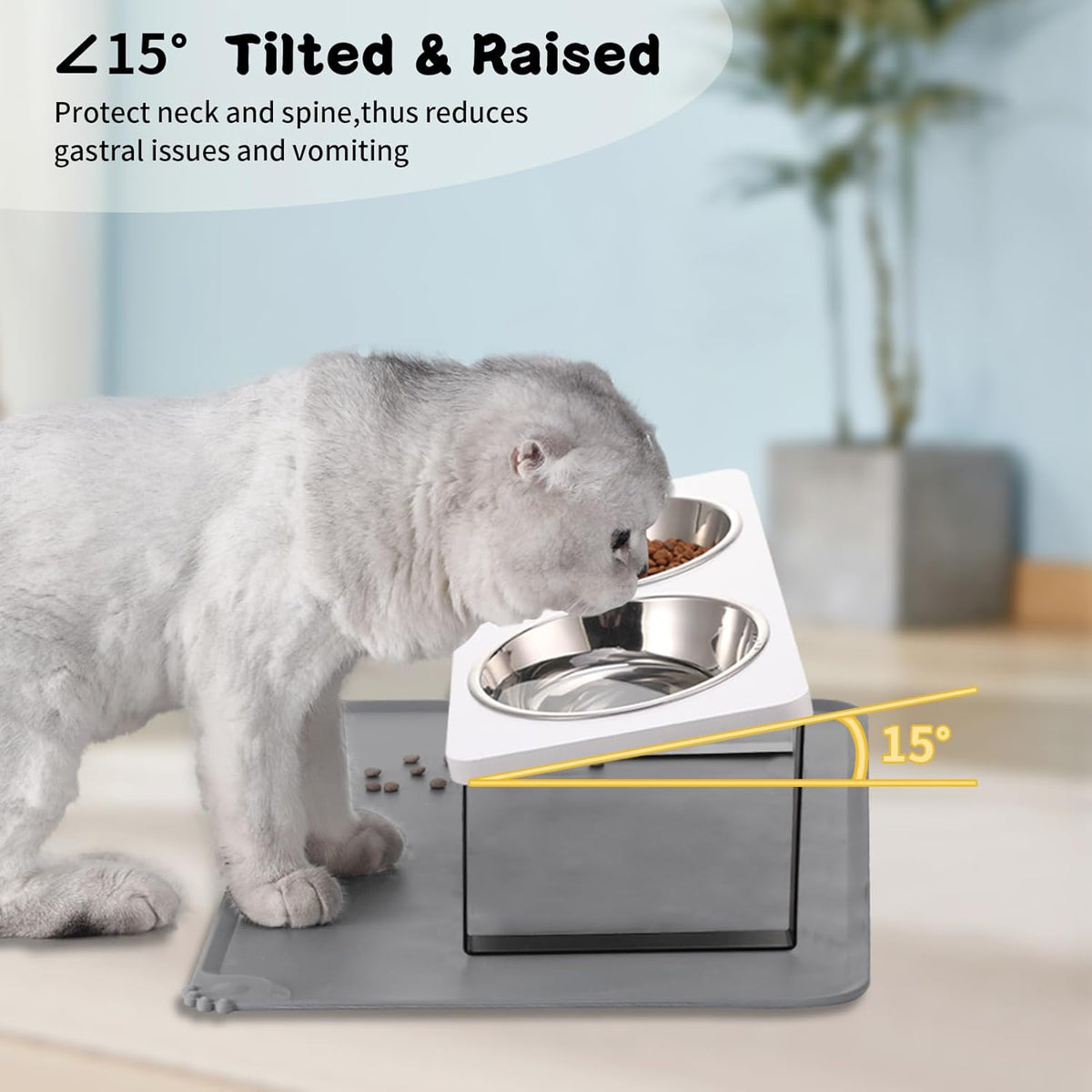 Upgraded Elevated Cat Bowls with Food Mat,15°Tilted Stand Anti Vomiting Raised Cat Dishes for Food
