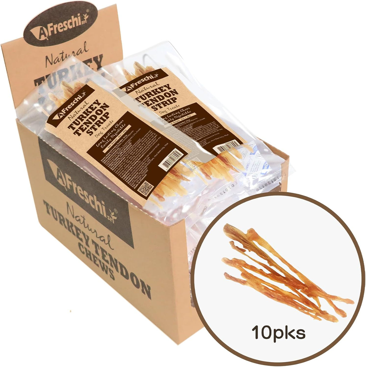 Afreschi Natural Turkey Tendon Strip 10 Units/Box, All Natural Human Grade Puppy Chew, USA-Sourced
