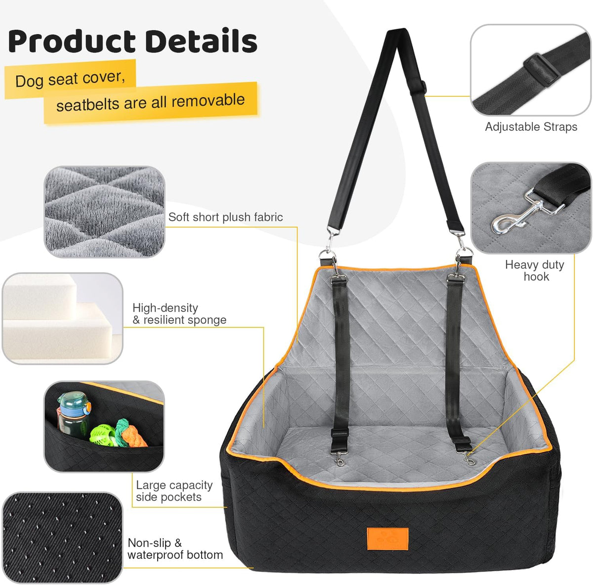 Dog Car Seat for Large/Medium Dog, Booster Seat for Dogs Under 55Lbs or 2 Small, Detachable and