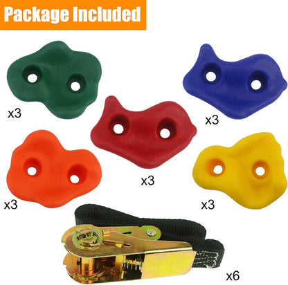 Ogrmar 15 Packs Ninja Tree Rock Climbing Holds Kits with 6 Ratchet Straps for Kids & Adults Outdoor