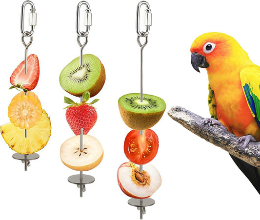 3 Pcs Bird Cage Food Holder Stainless Steel Parrot Fruit & Vegetable Skewer Hanging Foraging Toy
