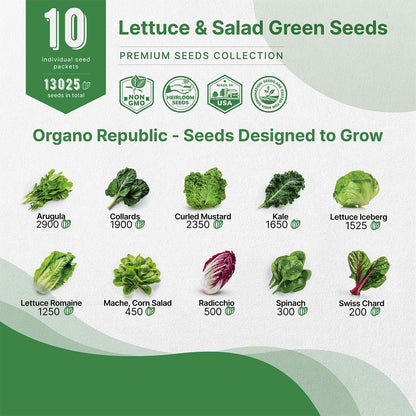 Organo Republic 10 Lettuce & Salad Greens Seeds Variety Pack 13000+ Non-GMO Heirloom Lettuce Seeds