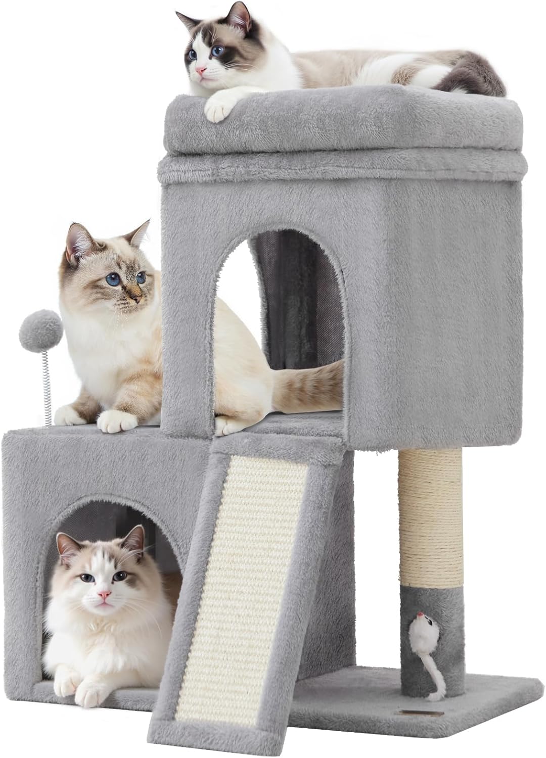 24inch Tall cat Tree with 2 cat condo and Mouse Toy Cozy Small cat Tower with Scratching Post and