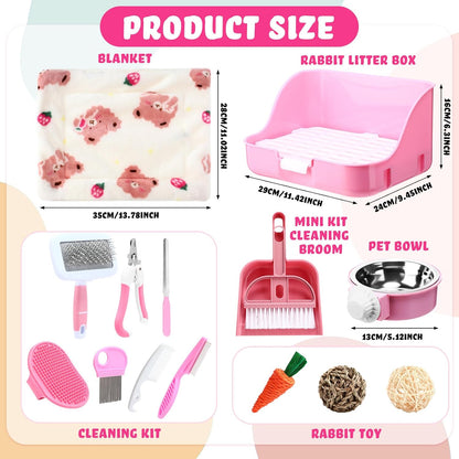 15 Pcs Rabbit Starter Kit Small Rabbit Litter Box Animal Grooming Kit Bunny Toys Bowl Blankets with