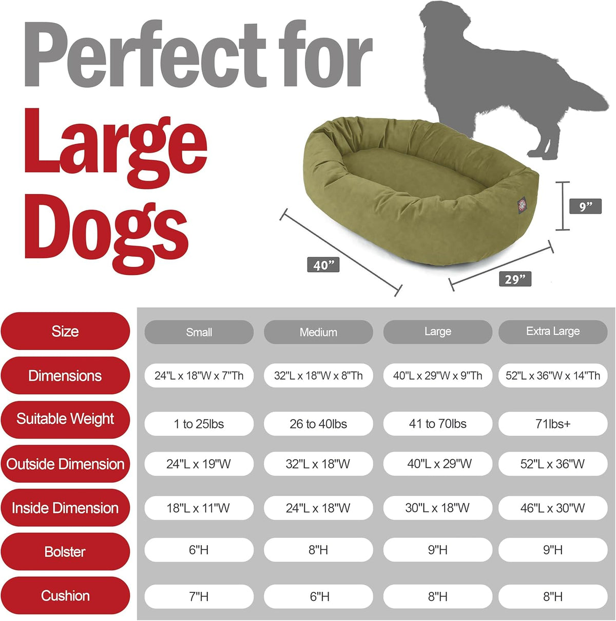 Majestic Pet 40 Inch Suede Shredded Memory Foam Mix Calming Large Dog Bed Washable 40 x 29 x 9