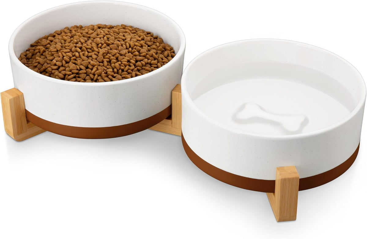 MALACASA Dog Bowls, Ceramic Dogs Bowls with Wood Stand Non-Slip, 6 Cups or 58 oz Capacity Dog Water