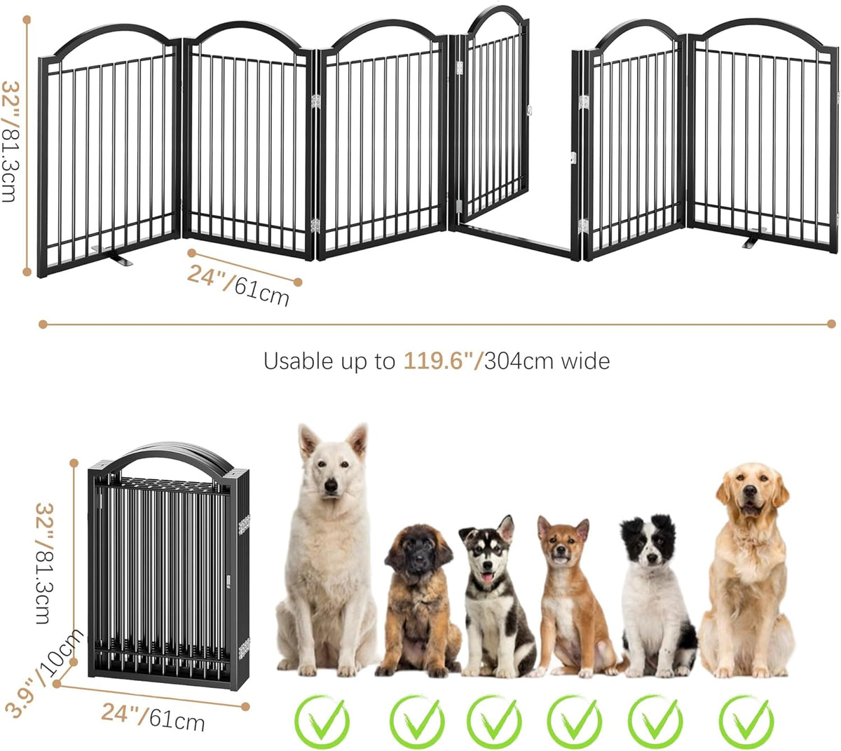 BHG Metal No-Assembly Freestanding Dog Gate with Door Walk Through, Extra Wide 144", Extra Tall 32"