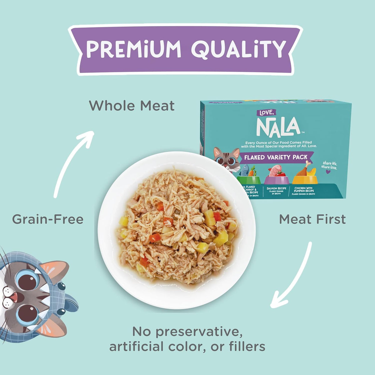 LOVE, NALA - FLAKED Fish Variety Pack - 24 Pack - Natural Adult Cat Wet Food - Grain Free, Non-GMO