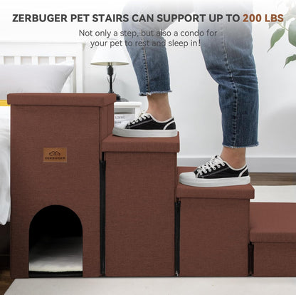 Dog Stairs with Condo 23" H, 4-Step Wider Dog Steps for High Beds Window, Folding Storage Pet