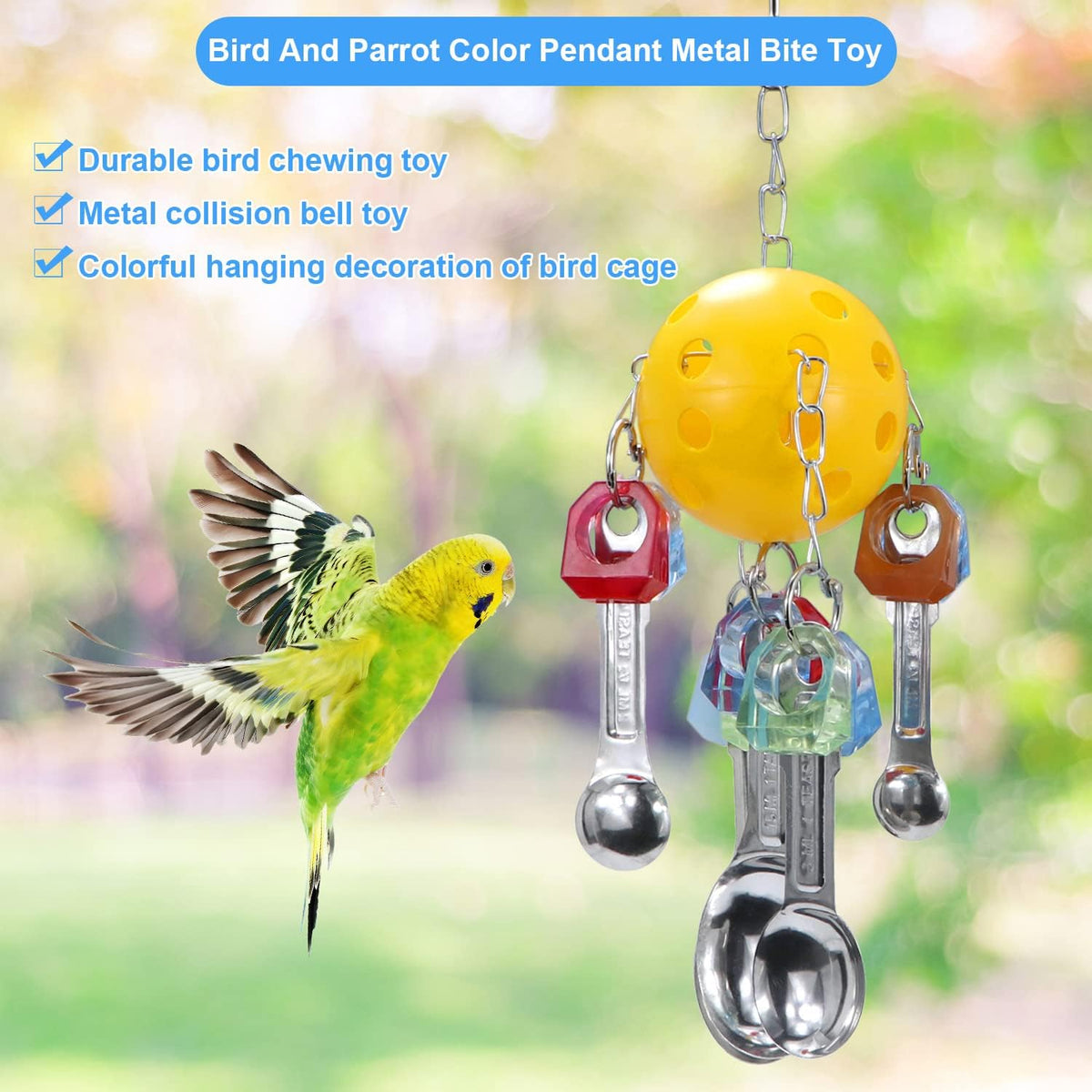 Litewoo Bird Chew Toy with Metal Spoons Ball Chewing Toy Hanging Swing for Parrot Macaw Cage