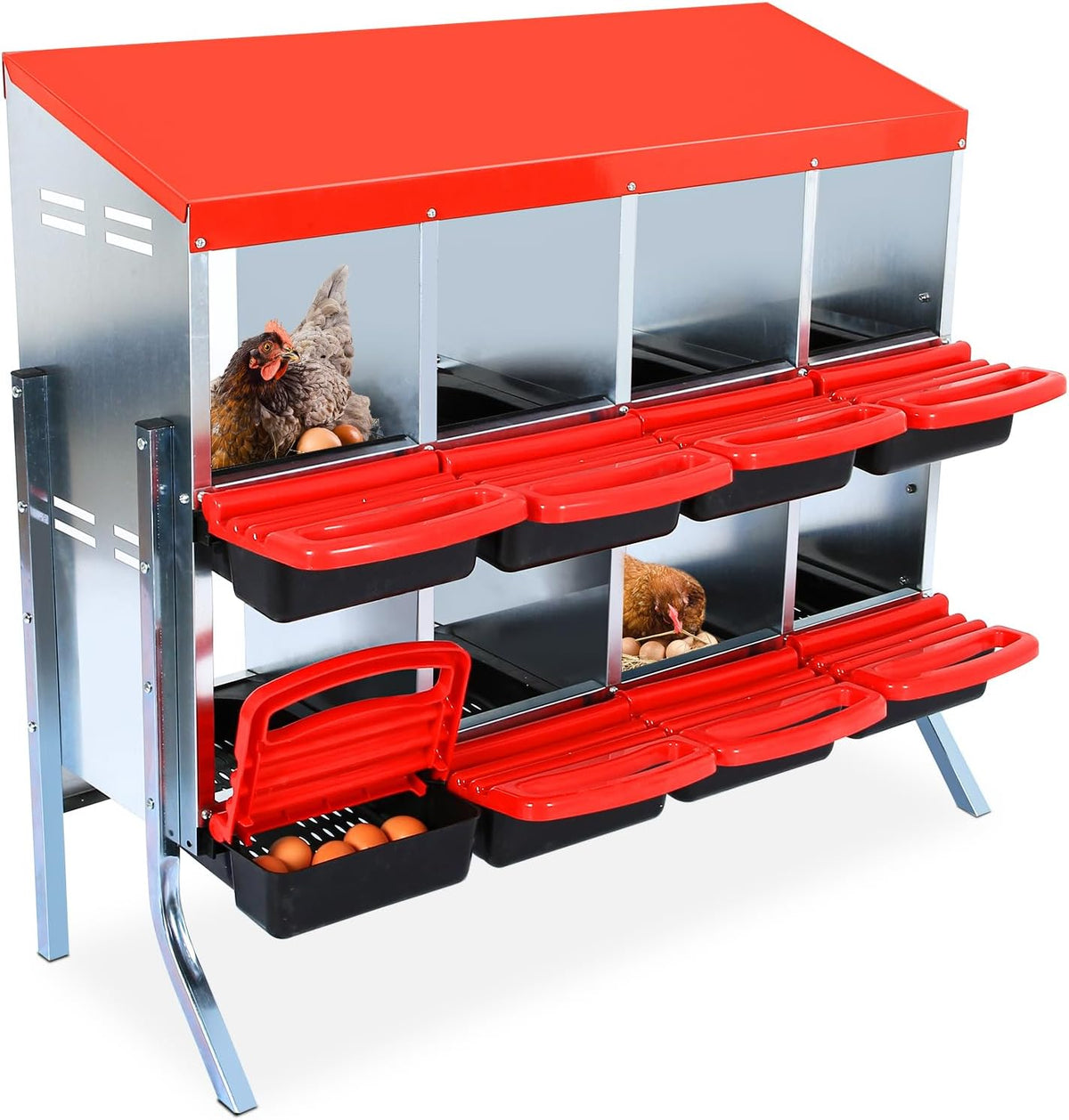 Chicken Nesting Box, 8 Hole 2 Layer Hen Nest Boxes with Legs, Roll Away Eggs Laying Boxes,Cleanable