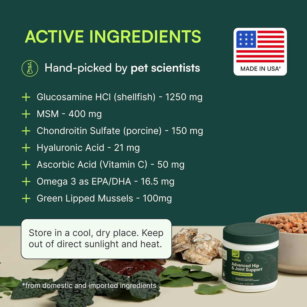 Wuffes Advanced Dog Hip and Joint Supplement with Glucosamine, Chondroitin, Omega 3, MSM, and Green