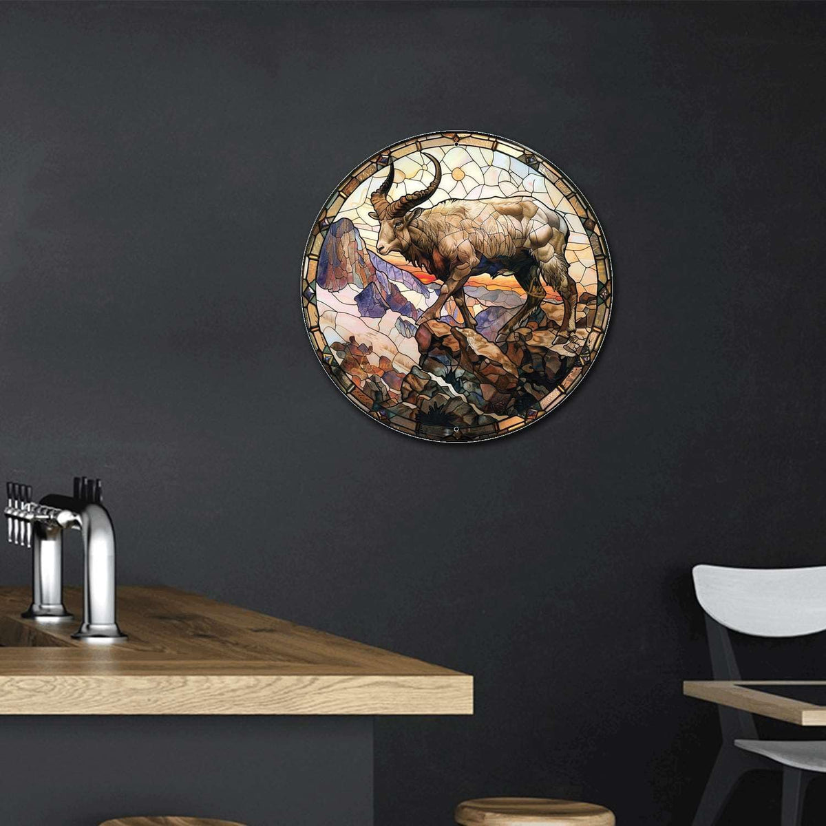 Lygond Metal Sign Tin Sign Circular Stained Glass Mountain Goat Tin Sign Gift for Garage 12×12