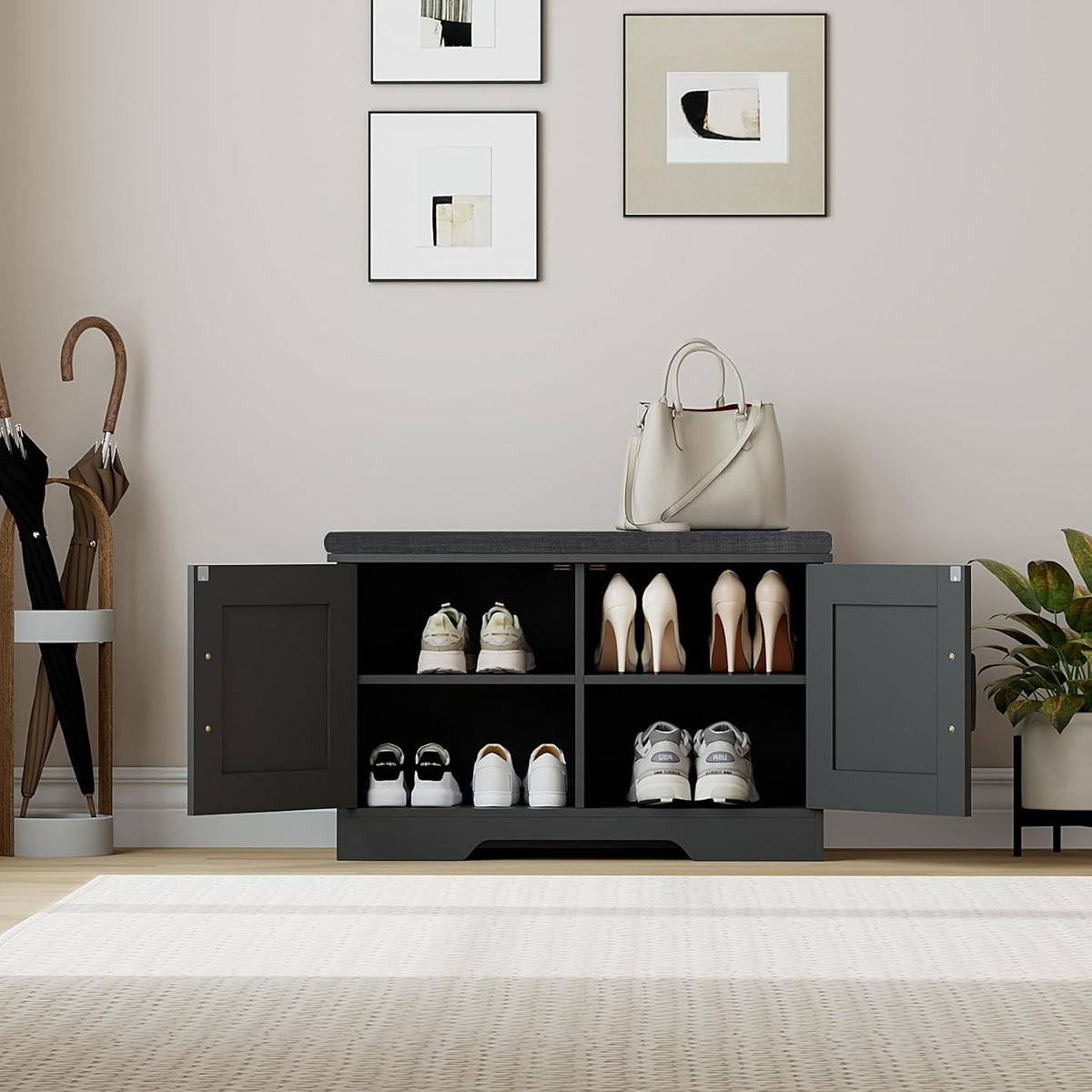 2-Tier Storage Bench, Shoe Bench with Padded Seat Cushion, Entryway Bench with 2 Barn Doors