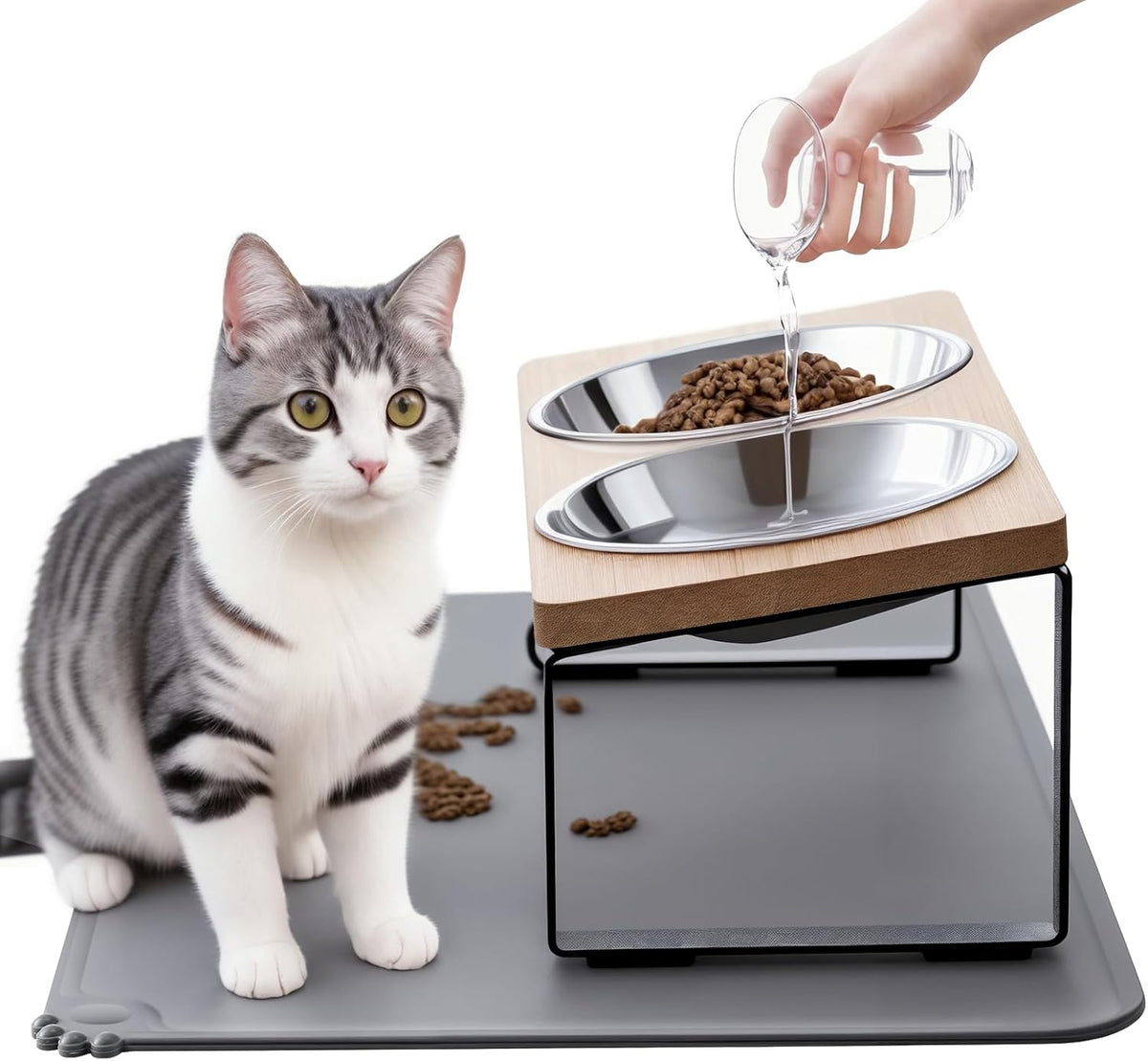 Upgraded Elevated Cat Bowls with Food Mat,15°Tilted Stand Anti Vomiting Raised Cat Dishes for Food