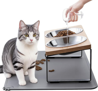 Upgraded Elevated Cat Bowls with Food Mat,15°Tilted Stand Anti Vomiting Raised Cat Dishes for Food