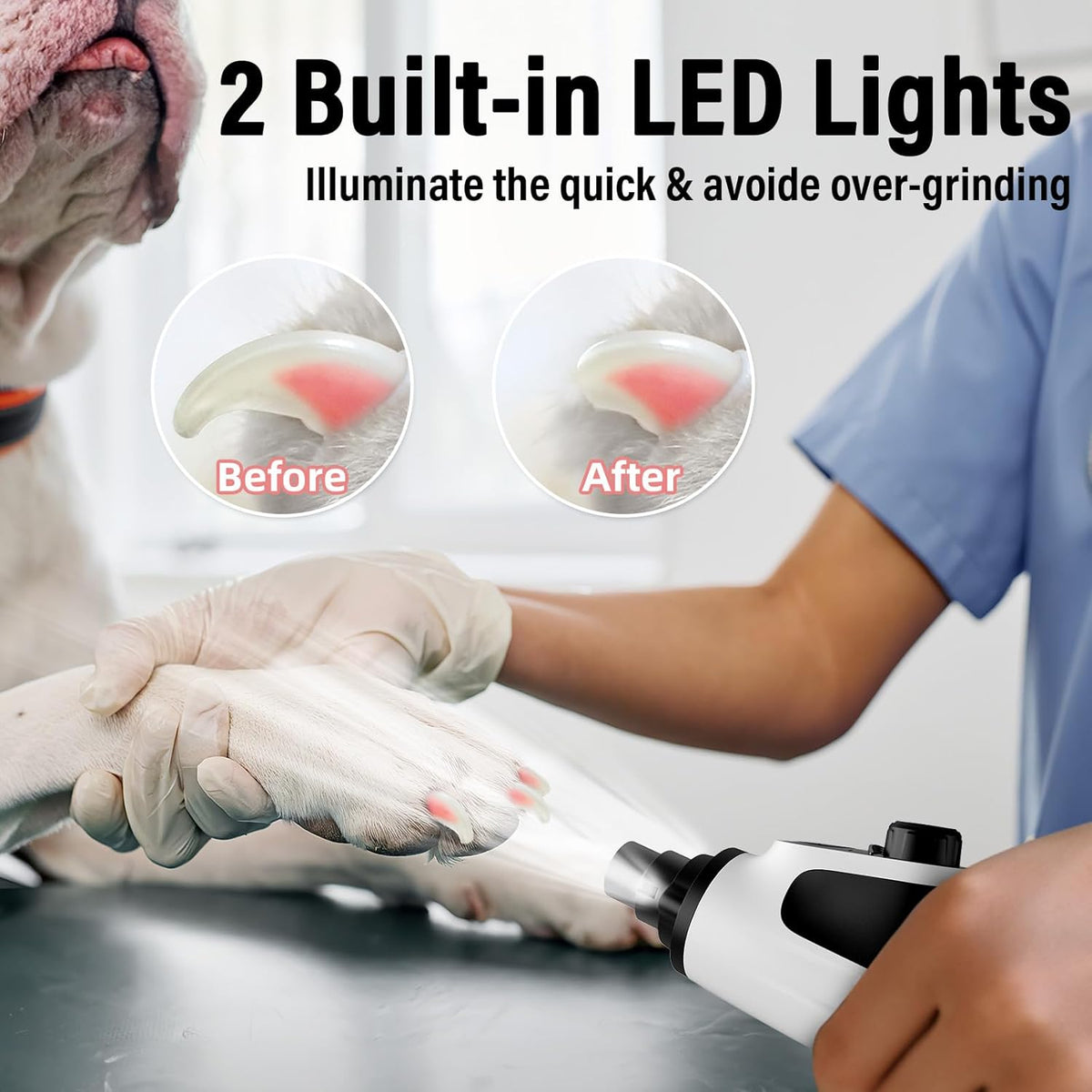 Casfuy Smart 6-Speed Dog Nail Grinder - 50% More Power Pet Nail Grinder with 2 LED Lights Quiet