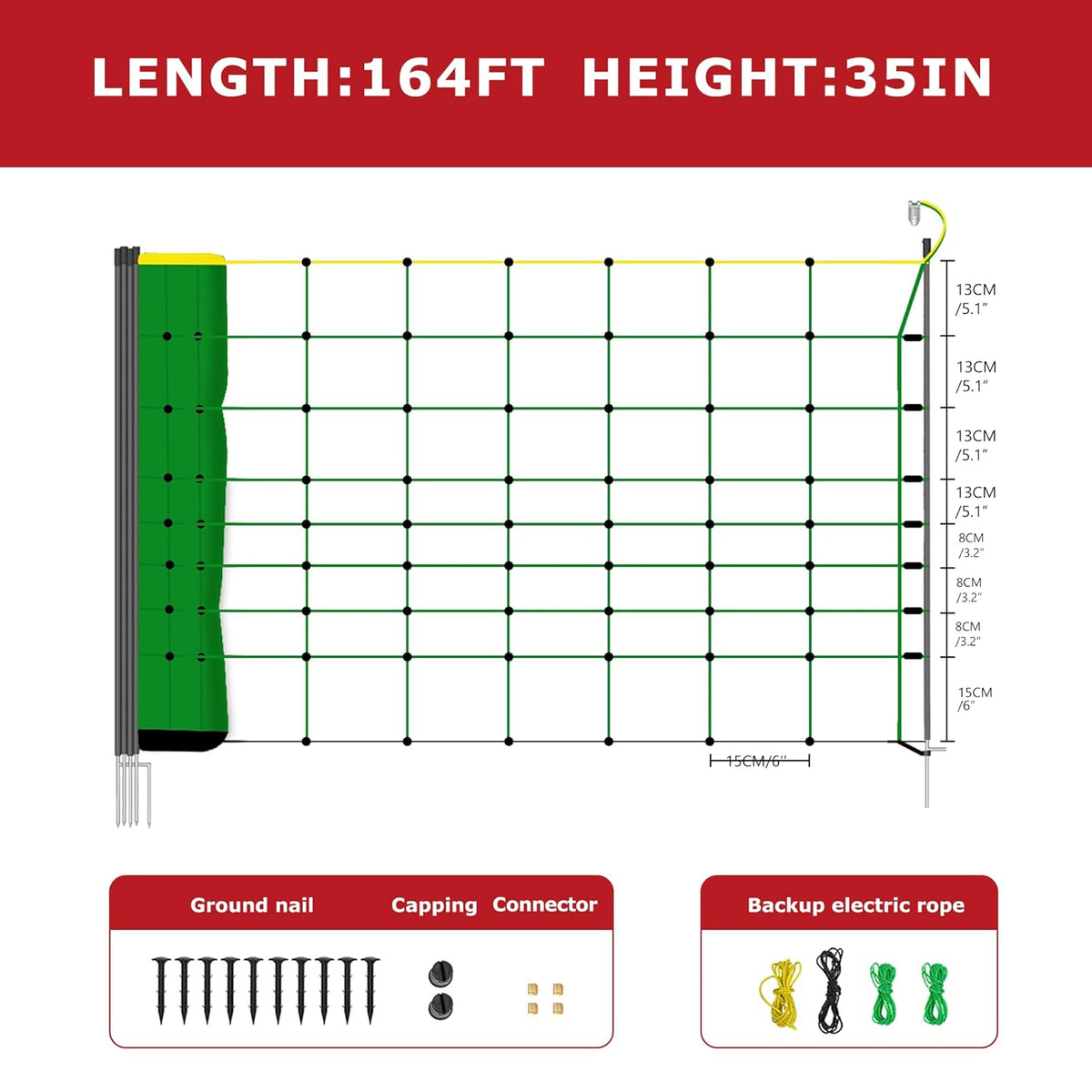 Electric Fence Netting, 164'L x 35.4" H Electric Fence Kit for Livestock, Goat, Dog, Hogs, Double