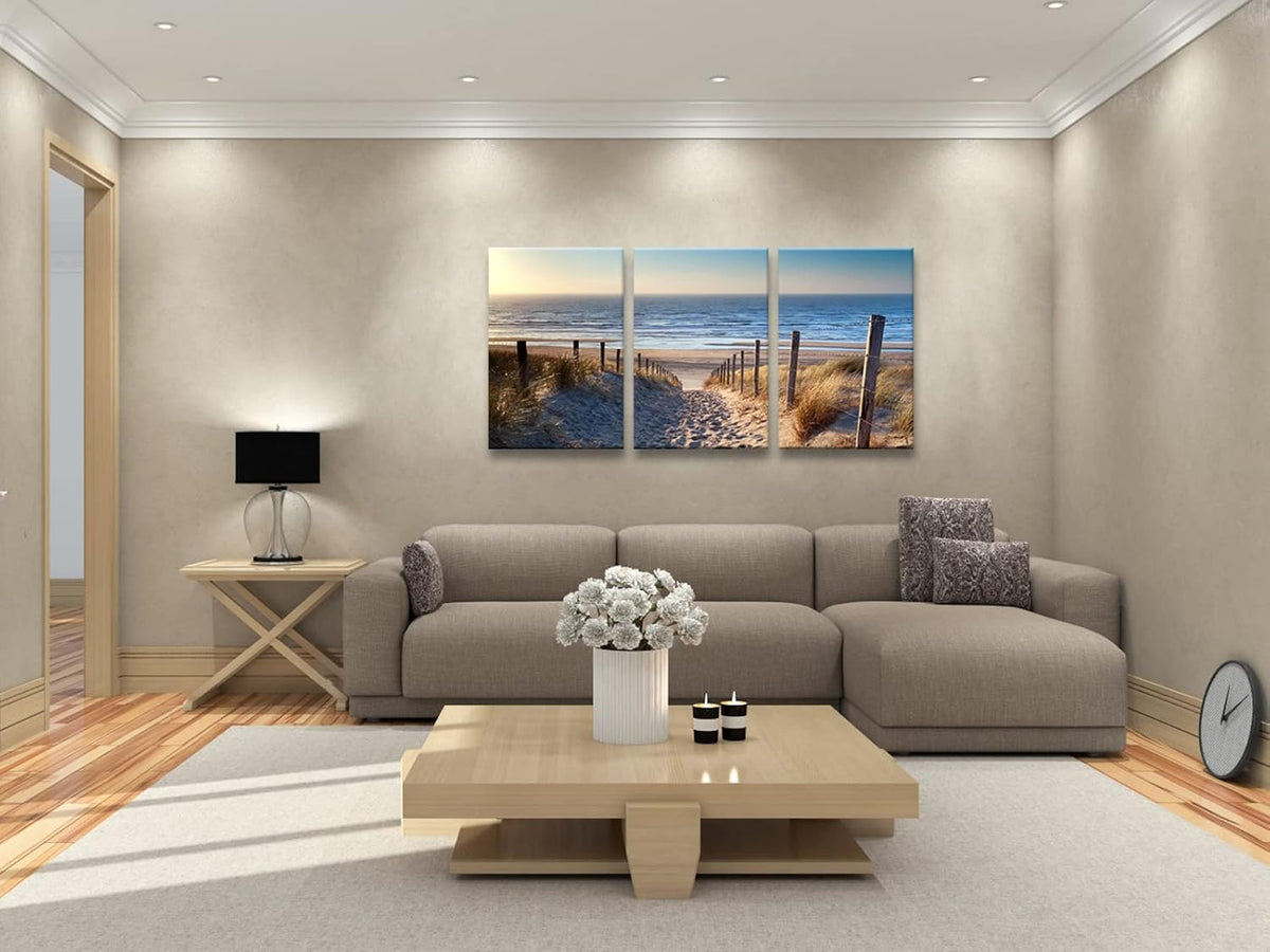 Wieco Art 3 Piece Beach Coastal Sand Dune Canvas Prints Modern Stretched Wall Art Seascape Pictures