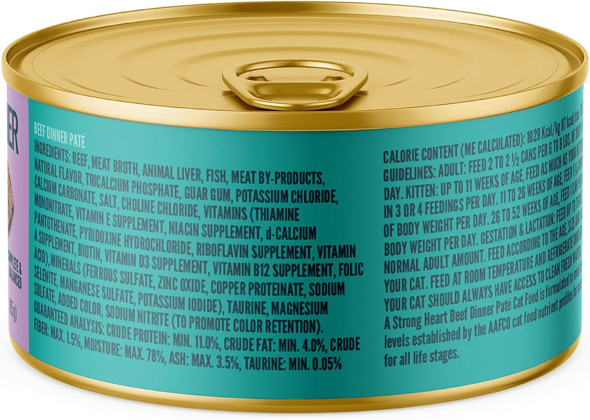 A Strong Heart Canned Wet Cat Food, Beef Dinner Paté - 3 oz Cans (Pack of 24), Made in The USA with