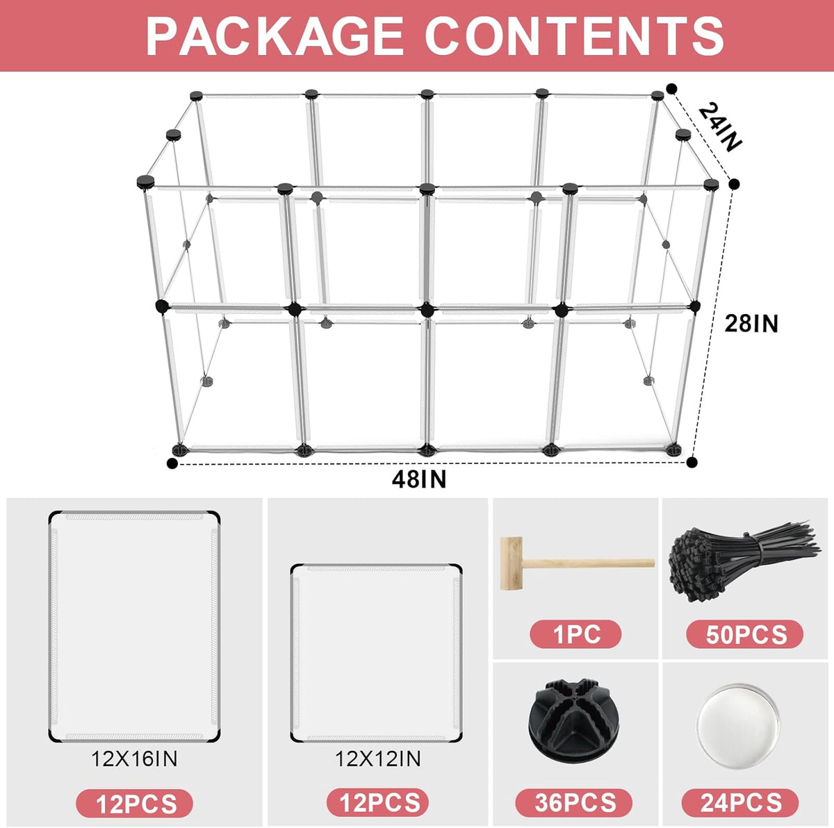 24 Panels Portable Small Animals Playpen,48"x 24"x 28" Transparent Pet Playpen,Portable Plastic