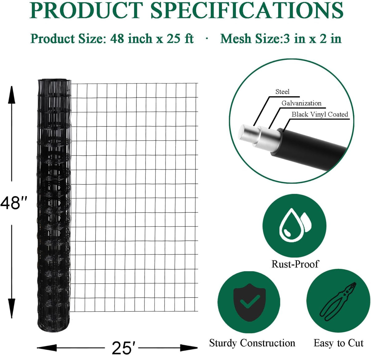 Black PVC Coated Welded Wire Fence 48 Inch x 25 Foot, 2 Inch x 3 Inch 16GA, Garden Border Fencing