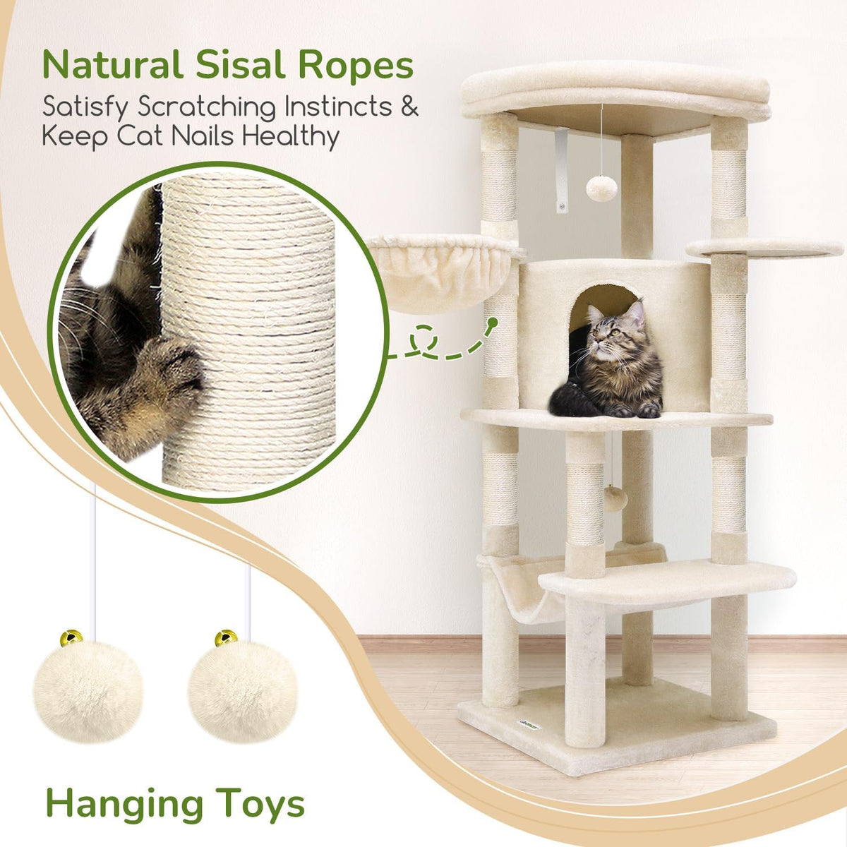 Globlazer Corner Cat Tree, 51in Curved Series Modern Cat Tower for Indoor Cats with Hammock, 7