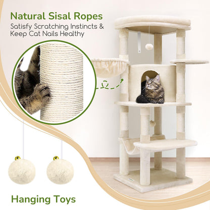Globlazer Corner Cat Tree, 51in Curved Series Modern Cat Tower for Indoor Cats with Hammock, 7