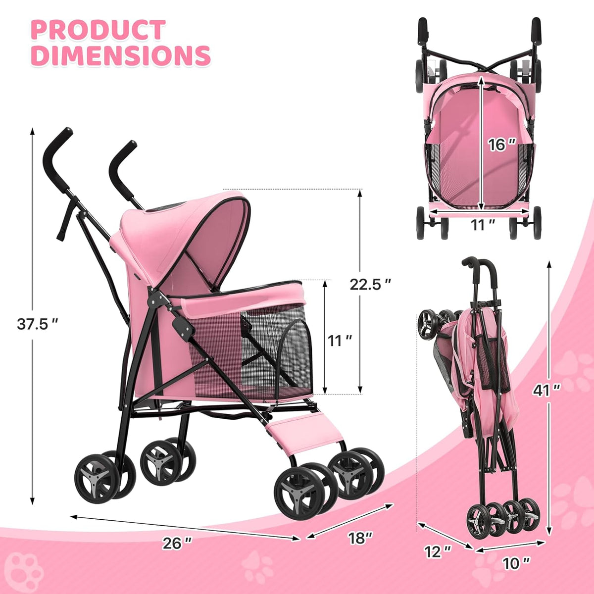 Magshion Compact Pet Stroller for Small-Medium Dogs/Cats up to 22lbs, 4-Wheel Lightweight Umbrella