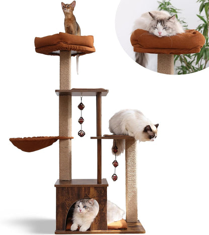 FUKUMARU Cat Tree, 4 in 1 Large Modern Cats Tower with Jute Scratching Post and Hammock, Wood Cat