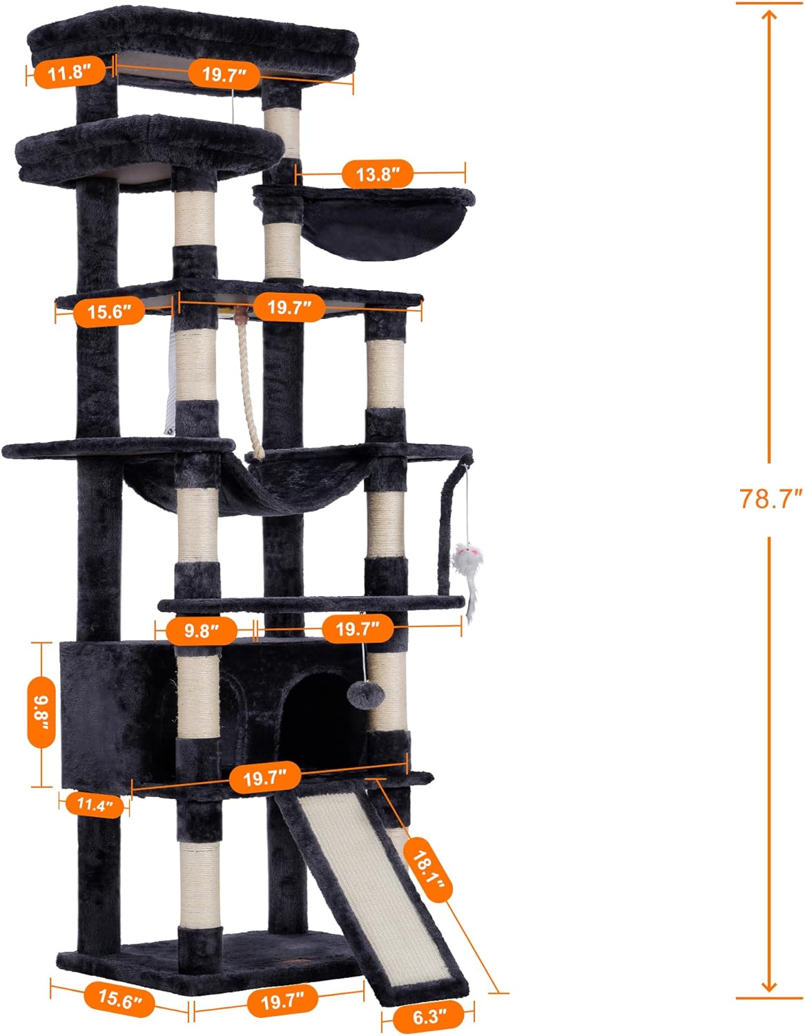 Heybly Tall Cat Tree, 78-inch Multi-Level Cat Tower for Indoor Cats, 2 Widened Plush Perches Cat