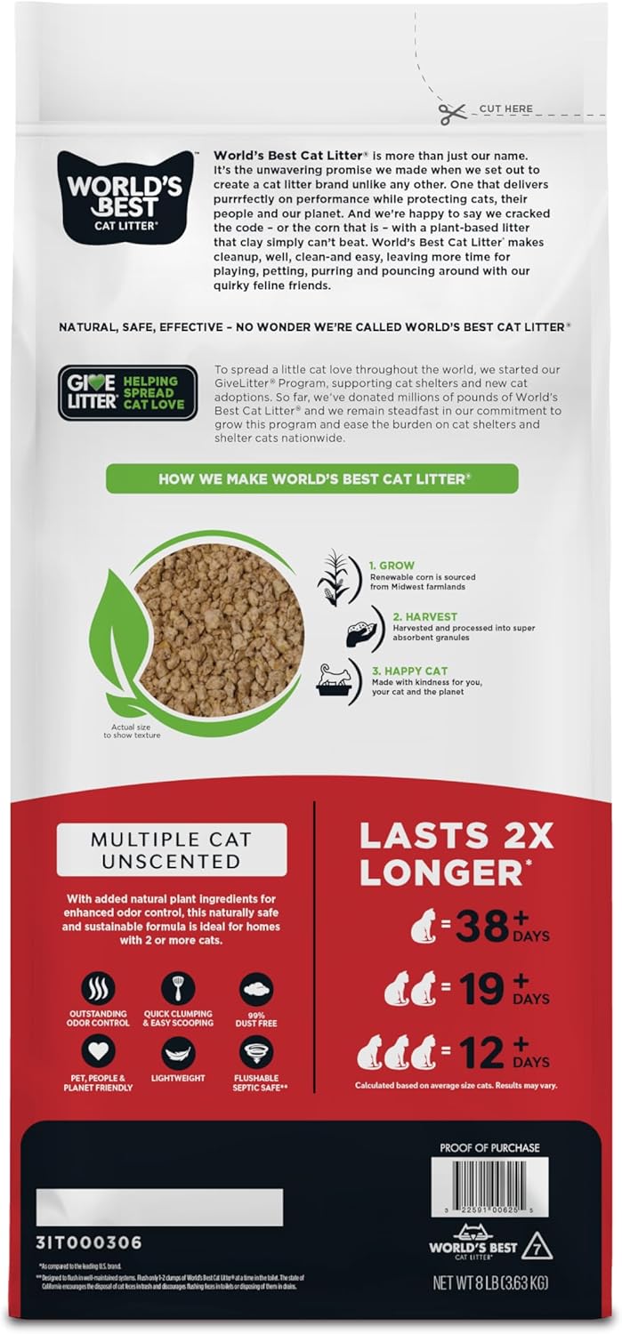 WORLD'S BEST CAT LITTER Multiple Cat Unscented, 8-Pounds - Natural Ingredients, Quick Clumping