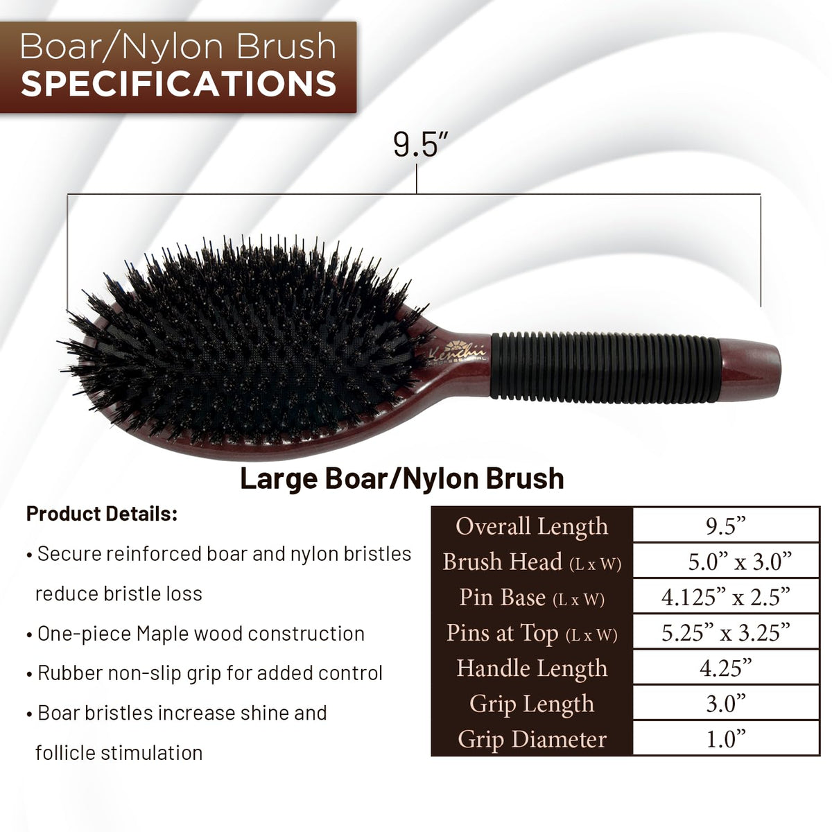 Kenchii Boar and Nylon Bristle Dog/Cat Grooming Brush with One-Piece Maple Body-Choose Size Large