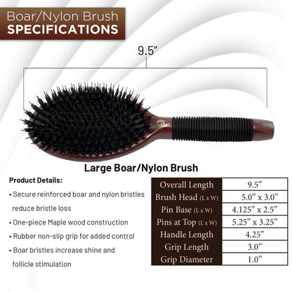 Kenchii Boar and Nylon Bristle Dog/Cat Grooming Brush with One-Piece Maple Body-Choose Size Large