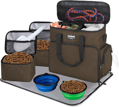 Dog Travel Bag Airline Approved–Pet Travel Tote with Collapsible Bowls,Food Containers & Feeding
