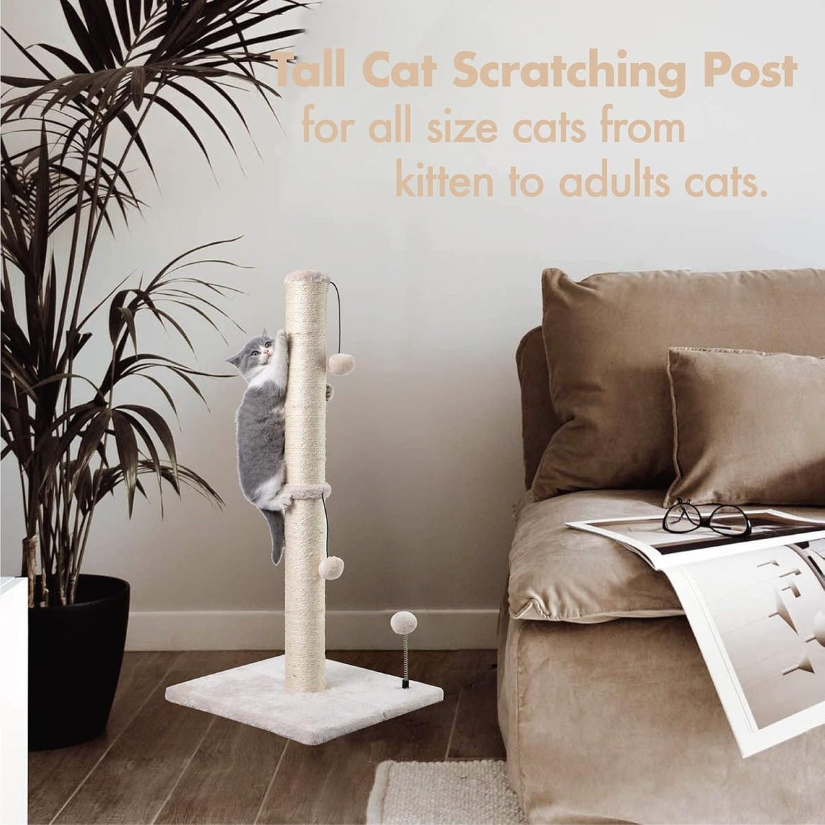 MECOOL 34” Tall Cat Scratching Post Premium Basics Kitten Scratcher Sisal Scratch Posts Trees with